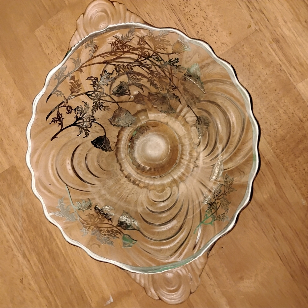 VINTAGE Elegant CRYSTAL Bowl with Floral Design AND SILVER OVERLAY BY JANETTE GL